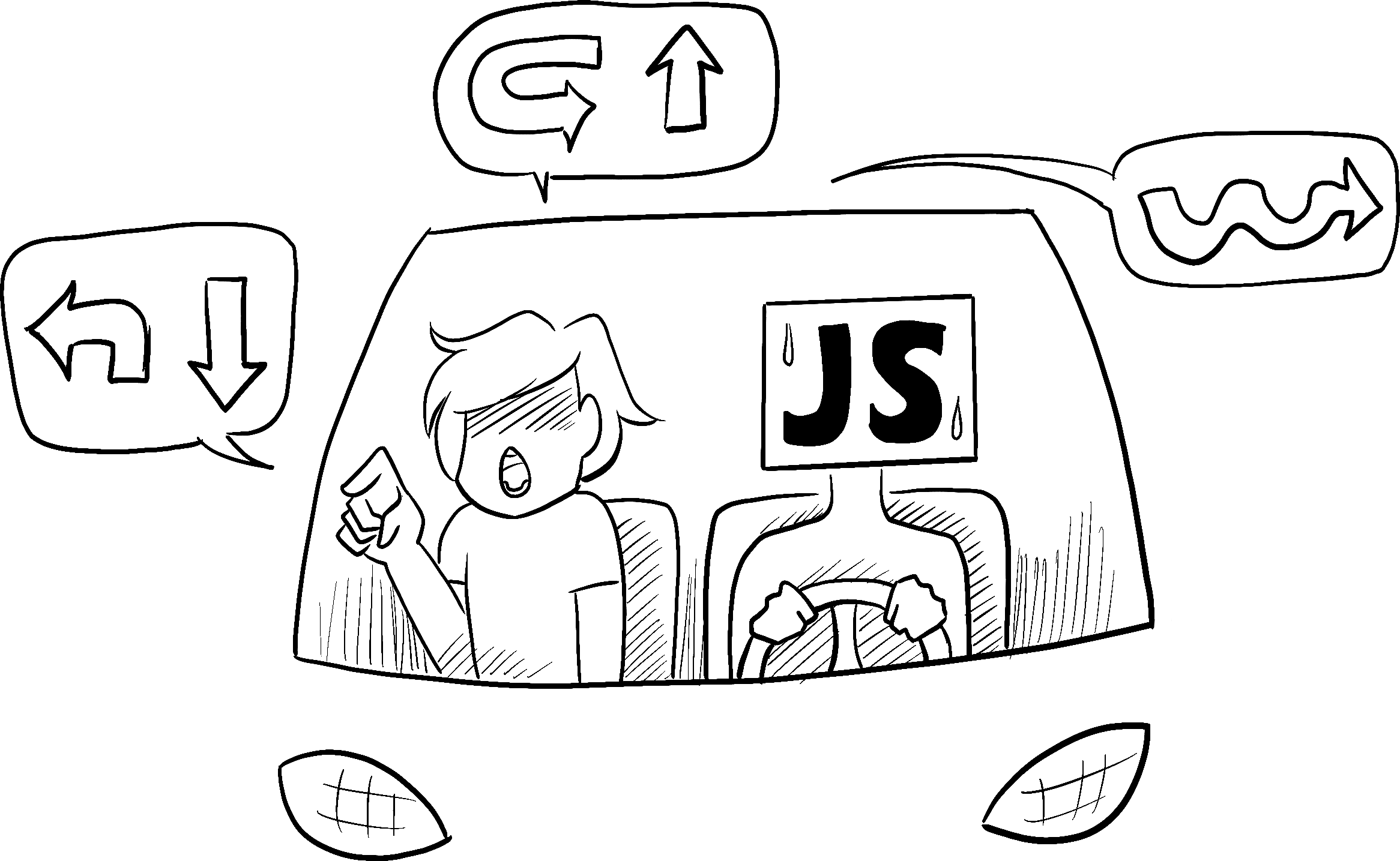 JavaScript'i temsil eden endişeli görünümlü bir kişi tarafından sürülen bir arabada, bir yolcu sürücüye bir dizi karmaşık dönüşü gerçekleştirmesini emreder.